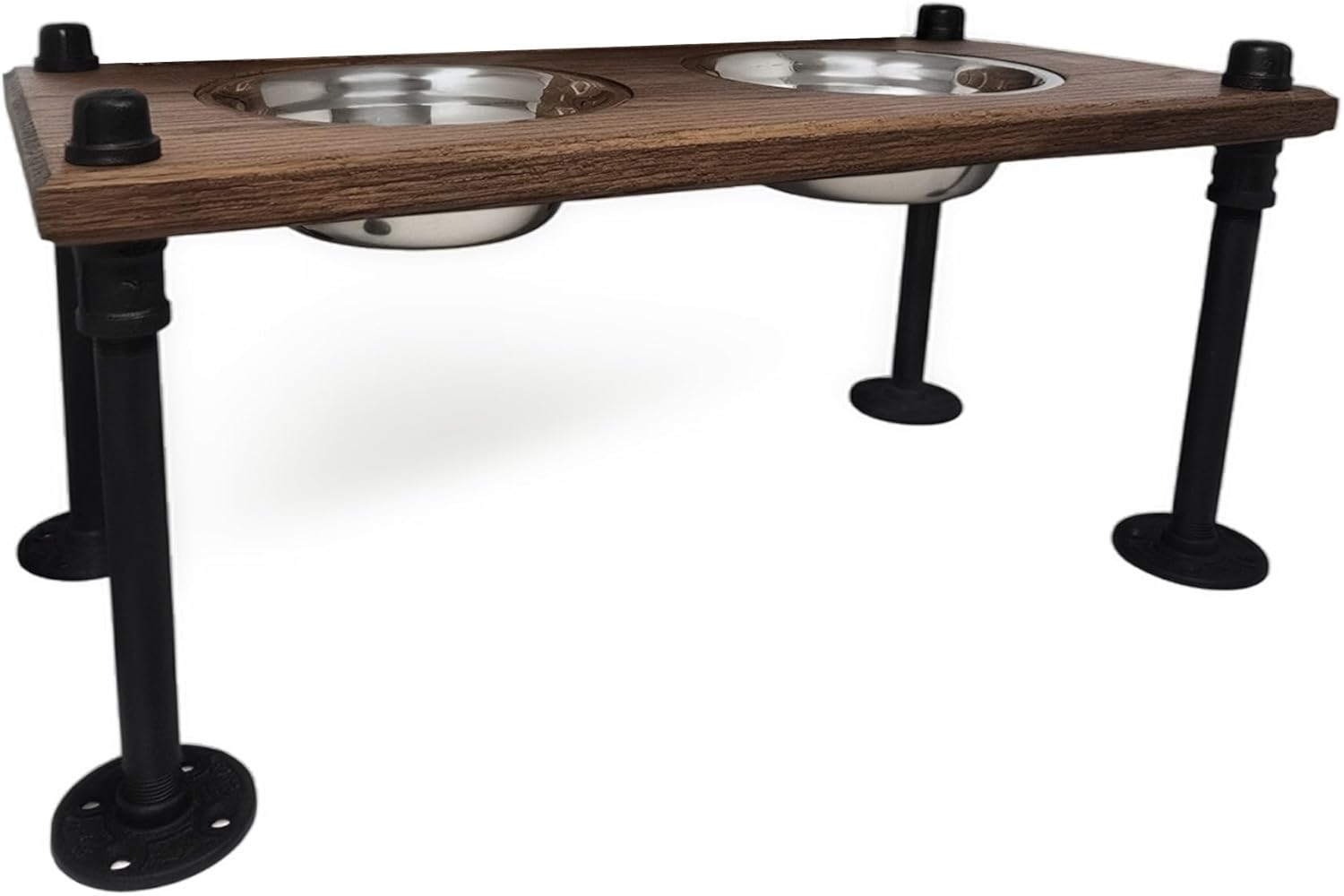 Elevated Dog Bowl Stand with Stainless Steel Bowls | Raised Dog Feeder | Oak Wood with Industrial Pipe Legs | Waterproof Finish | Handmade in USA (No Backsplash)