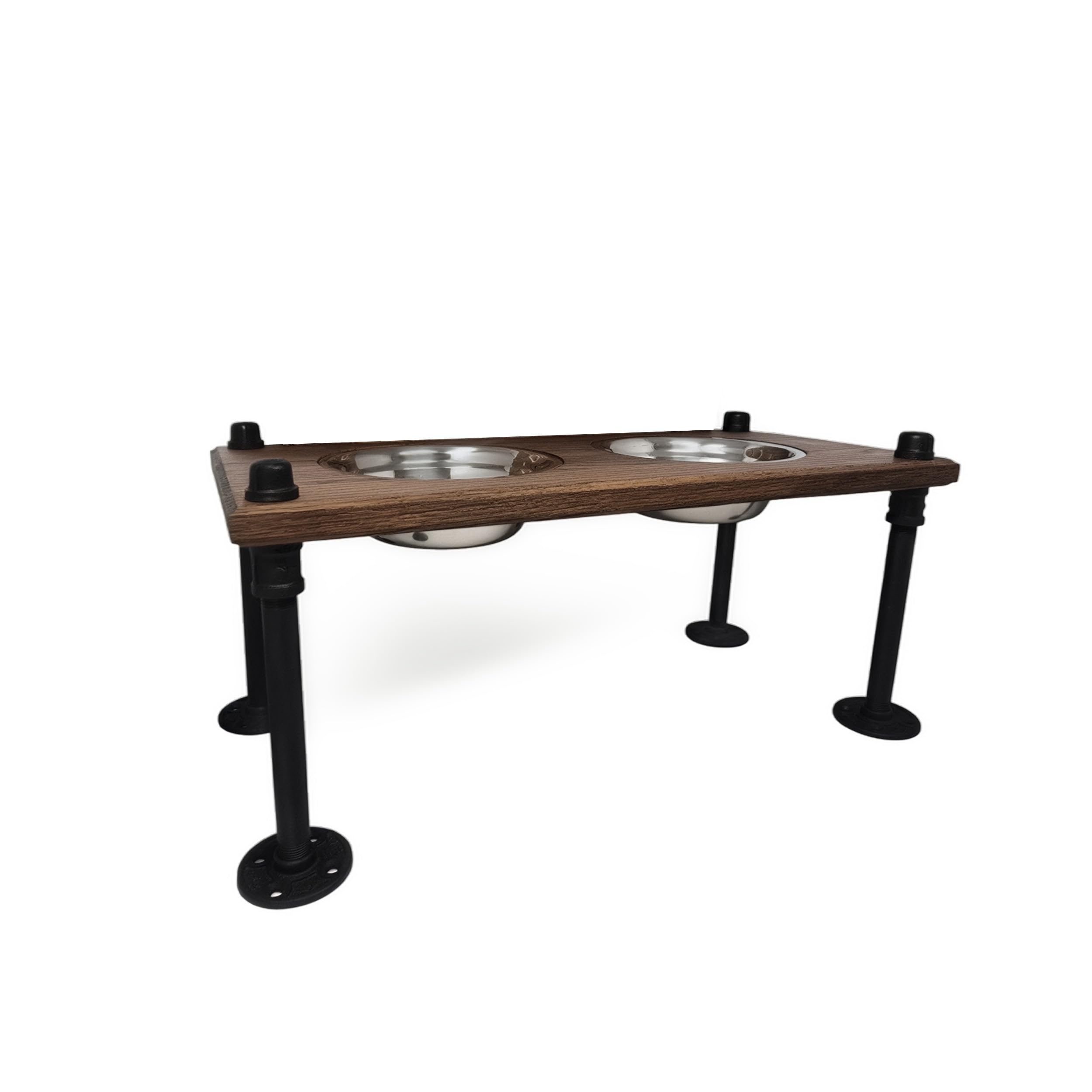 Soporte elevado para cuenco para perros con cuencos de acero inoxidable, comedero elevado para perros, madera de roble con patas de tubo industriales, acabado impermeable, hecho a mano en Estados