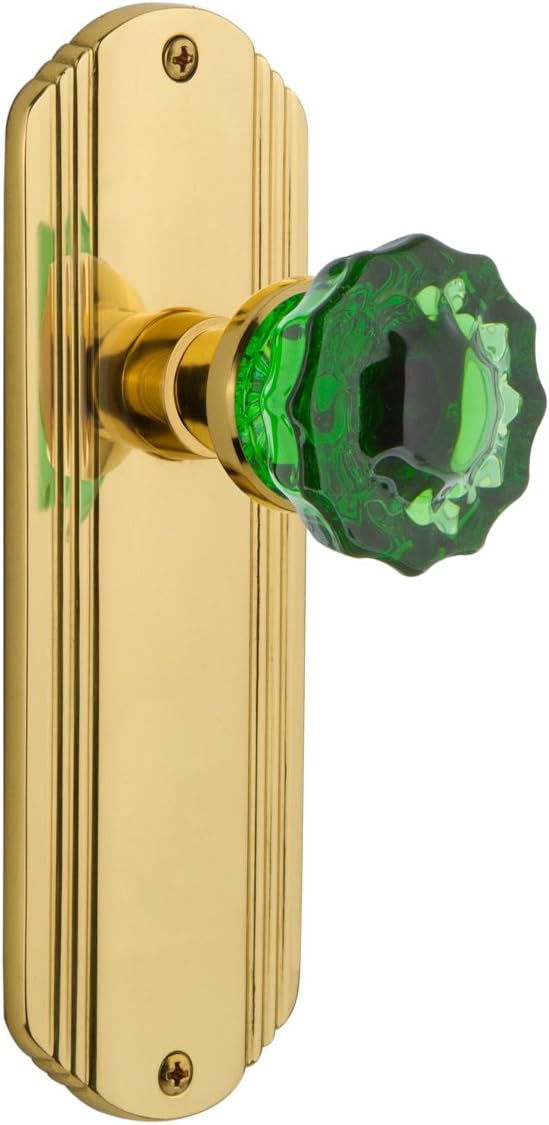 Nostalgic Warehouse 720445 Deco Plate Passage Crystal Emerald Glass Door Knob in Antique Brass, 2.75