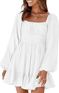 Womens Dress Long Lantern Sleeve Square Neck Tie Backless Sexy Dress Ruffle Elastic Waist A-Line Mini Dress - Buy now