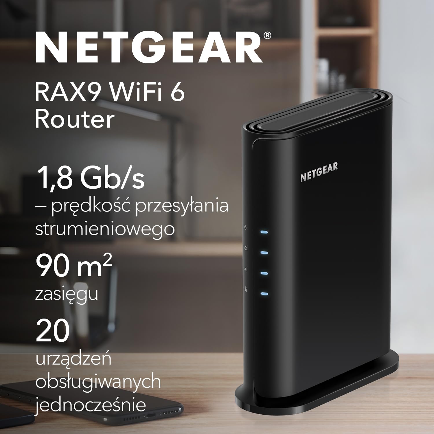 Router NETGEAR WiFi 6 (RAX9) — funkcje zabezpieczeń, prędkość bezprzewodowa AX1800 (do 1,8 Gb/s) — do 90 m2, 20 urządzeń