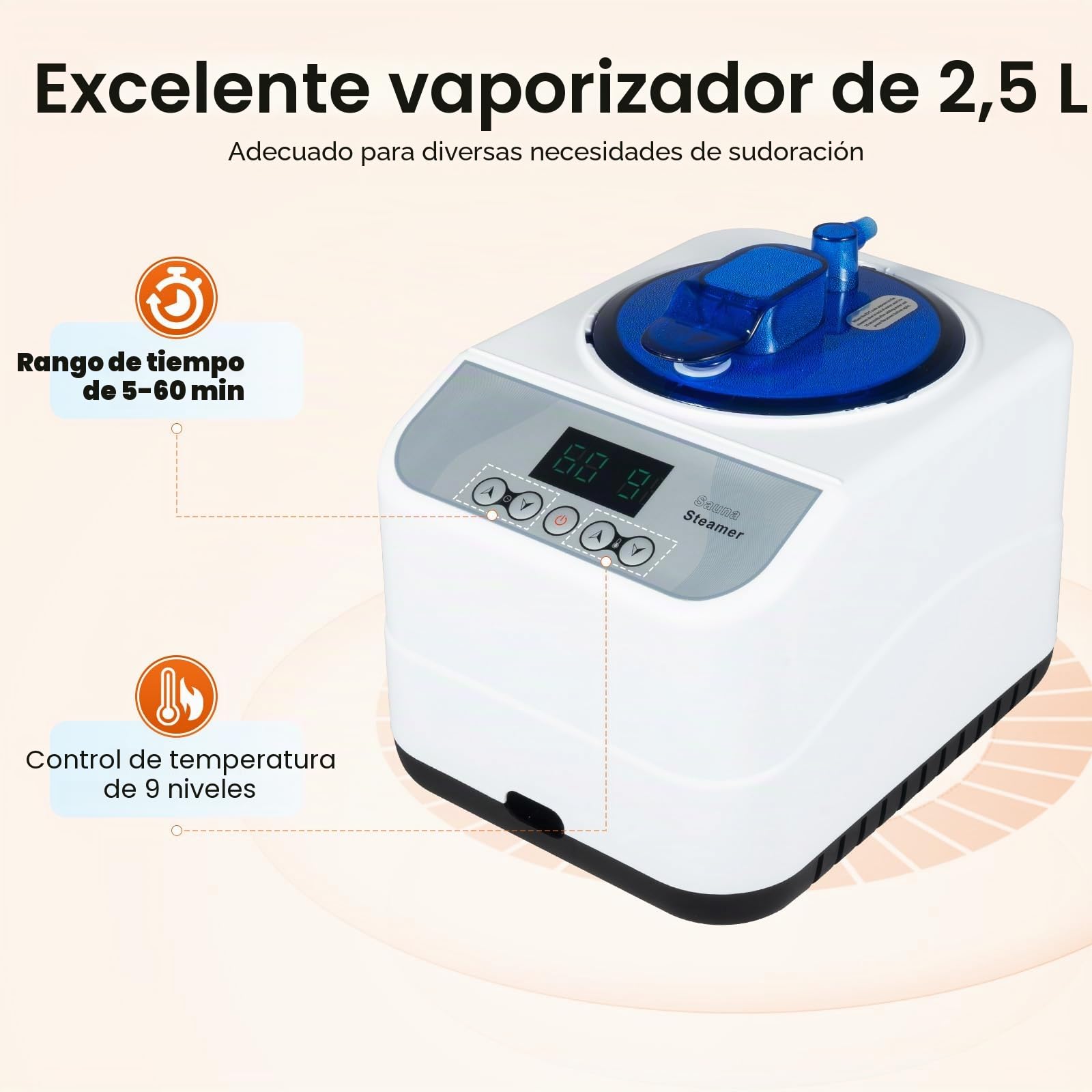 Sauna portátil de vapor 1350 W con vaporizador 3 L, mando a distancia, plegable, 5-60 min, 9 niveles de temperatura