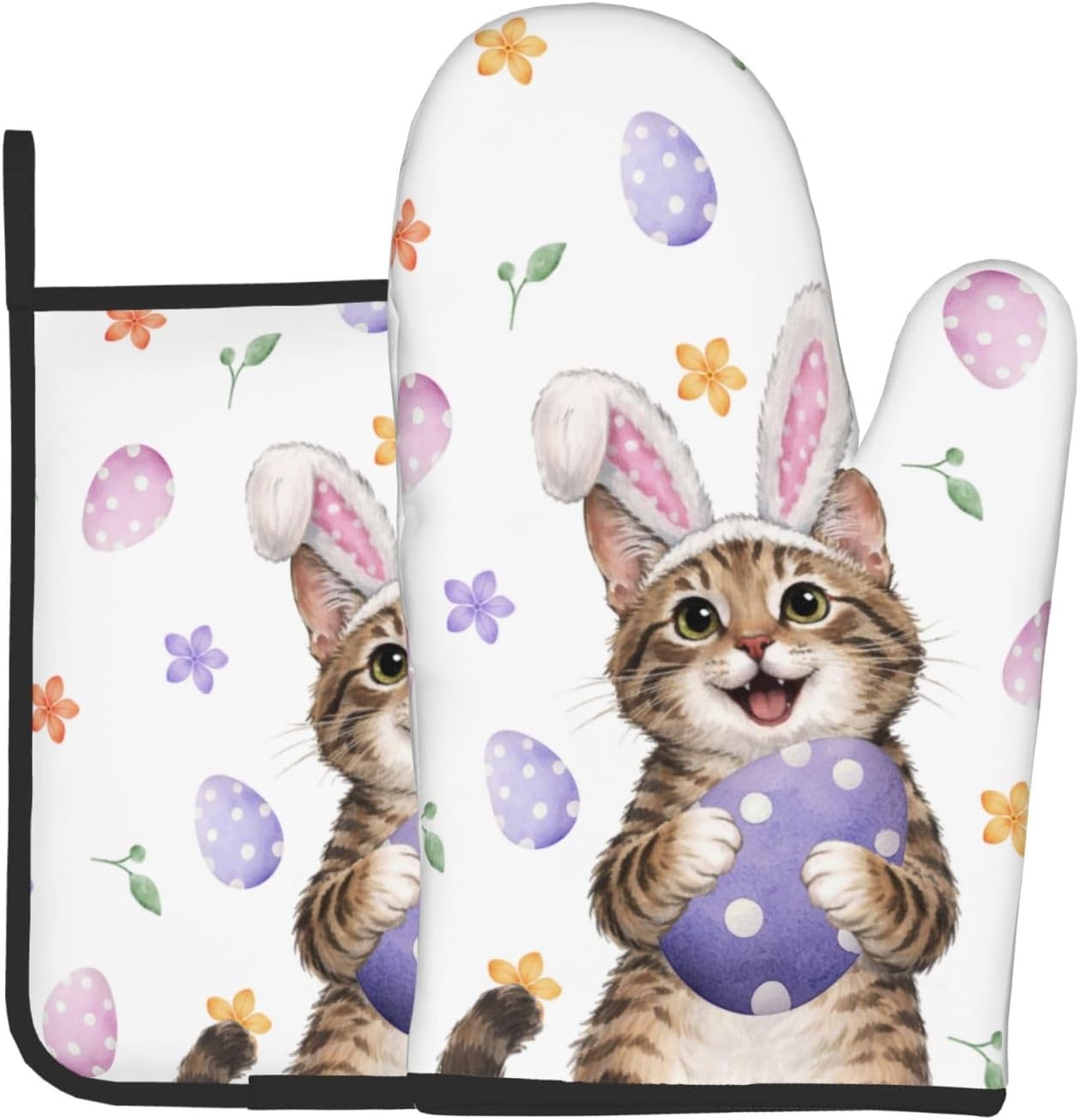 Easter Oven Mitts and Pot Holders Sets Easter Eggs Oven Mitts Heat Resistant Pink Bunny Rabbit Ears Cat Cute Kitchen Gloves Hot Pads Two Piece Set for Spring Cooking Baking Grilling BBQ