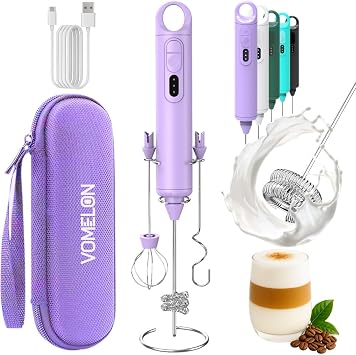 Rechargeable Milk Frother Handheld 3 Speed Coffee Foamer [3 Whisk] Electric Drink Mixer for Latte, Cappuccino, Coffee, Eggs, Hot Chocolate, Purple