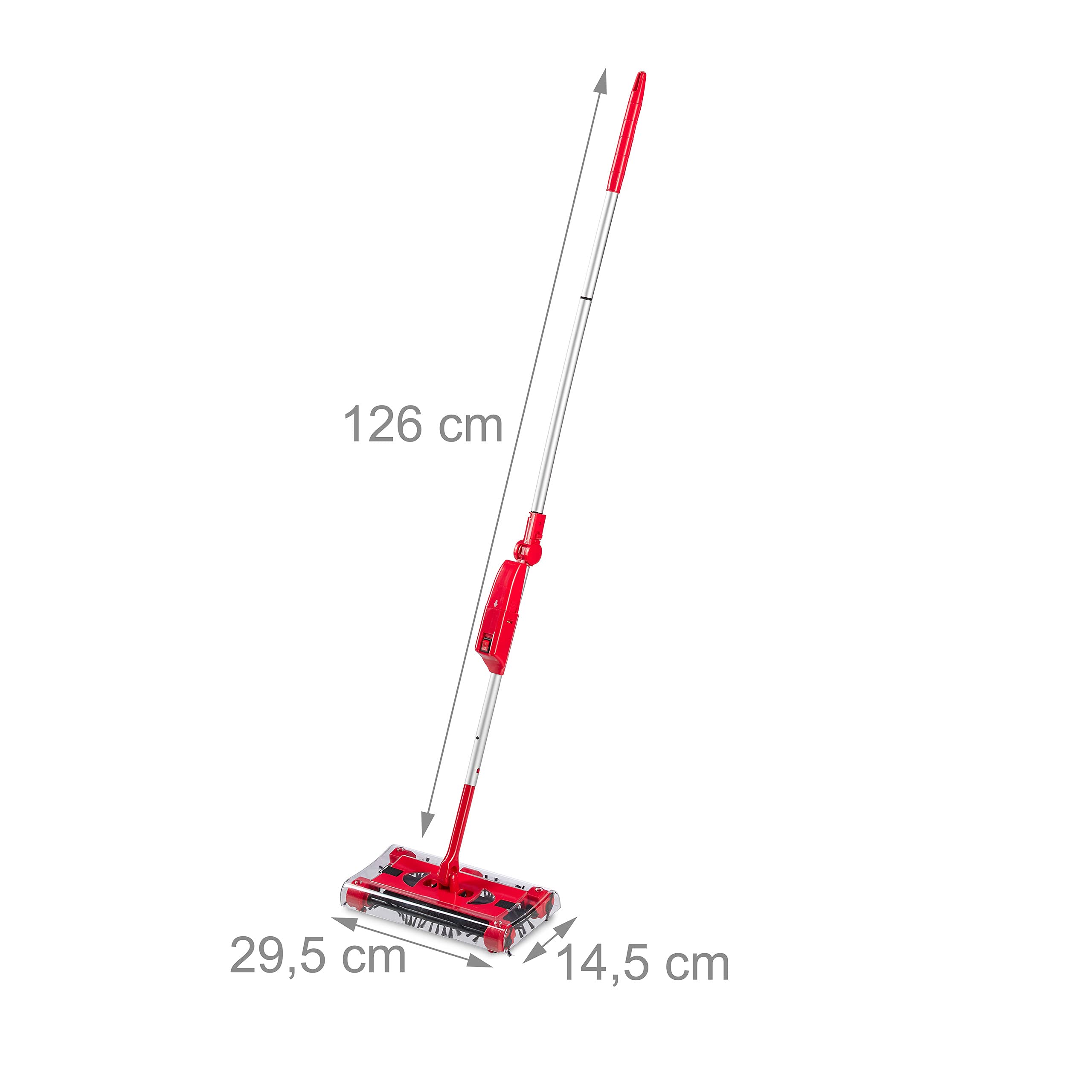 Relaxdays Bezprzewodowa miotła akumulatorowa z akumulatorem i ładowarką, pojemnik na brud, regulowany uchwyt 126 cm, czerwono-srebrna