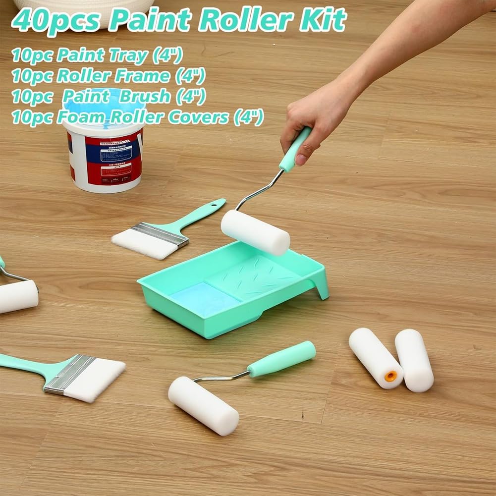 40 Cubiertas de Rodillos de Espuma Pequeños de 4 Pulgadas, Kit de Rodillos de Pintura con Ergonómico, Bandeja de Pintura para Pintar y Molduras.