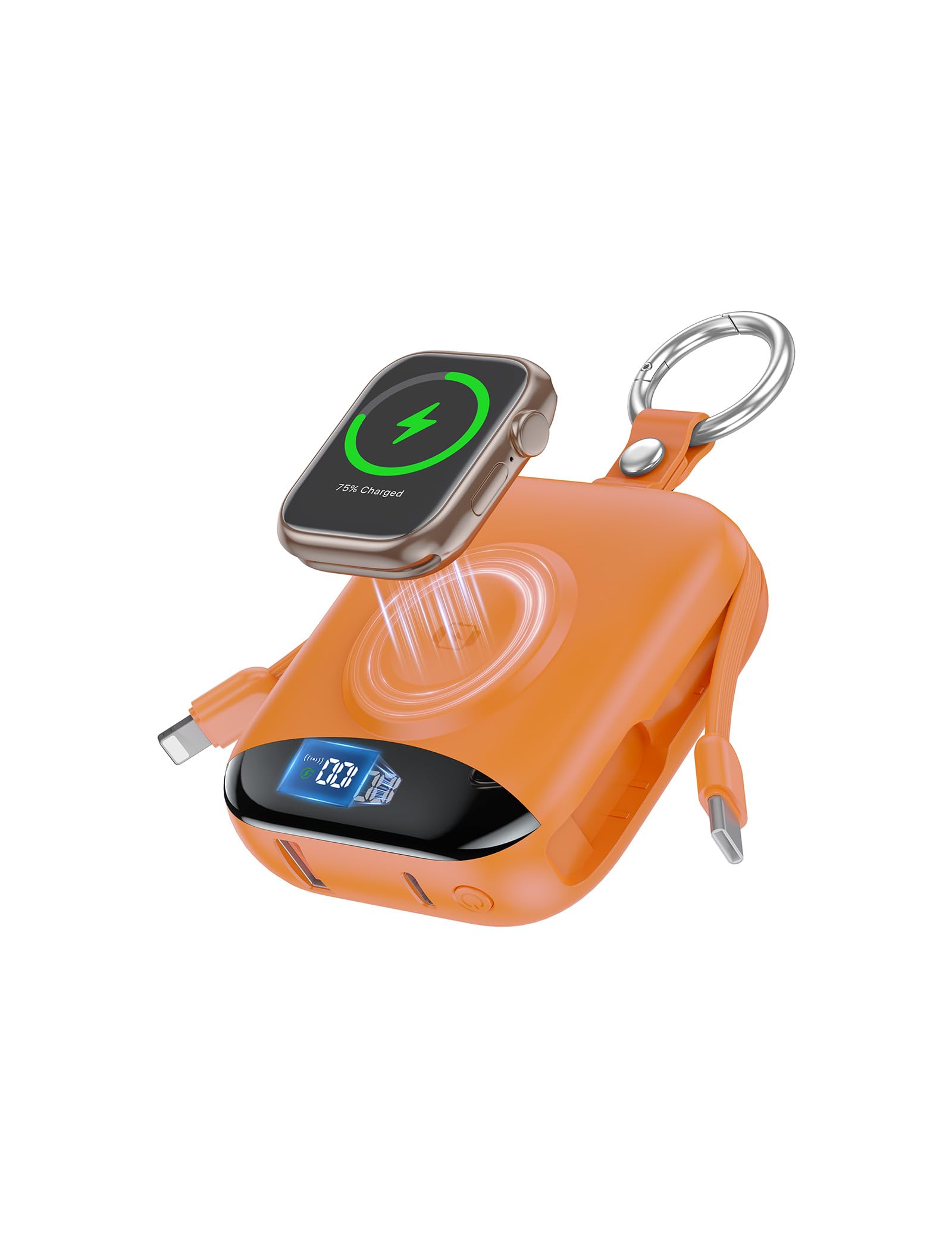 Chargeur portable 10 000 mAh 22,5 W avec câbles intégrés, porte-clés avec écran LED pour Apple Watch Ultra 2/9/8/Ultra/7/6/SE, iPhone 16/15/14/13/12 Orange