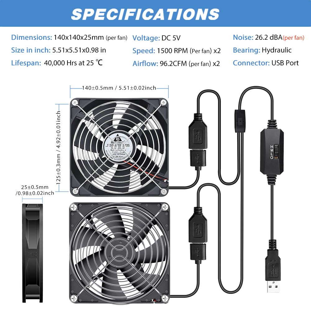 GDSTIME Set di 2 ventilatori USB 140 mm Ventilatore PC 140 mm USB Fan 5 V 140 x 25 con 3 velocità regolabile per computer router mobile