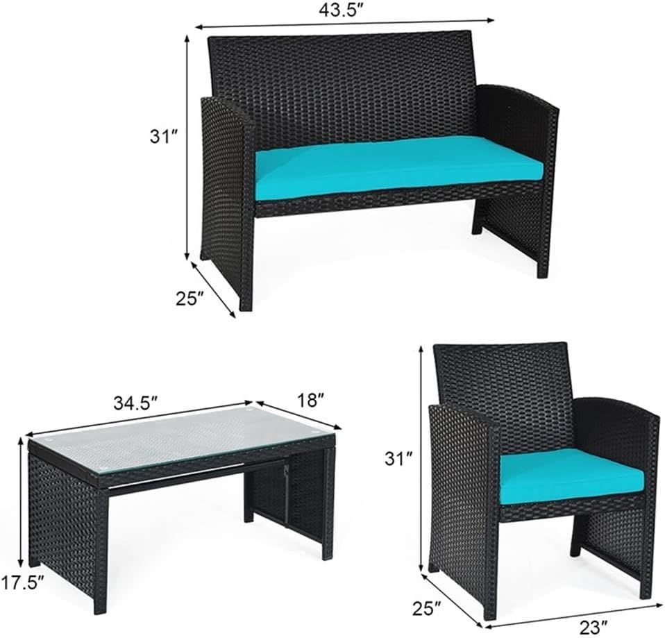 Pemberly Row 4PCS Patio Rattan Furniture Conversation Set, PE Rattan and Steel Construction, Turquoise Cushions, Tempered Glass Coffee Table, Comfortable Outdoor Seating for Balcony, Poolside,