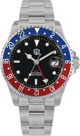 watchdives GMT Watches for Men WD0014 Dual Time Zone Dive Watch NH34 Automatic Vintage Wristwatch 40mm Aluminum Bezel