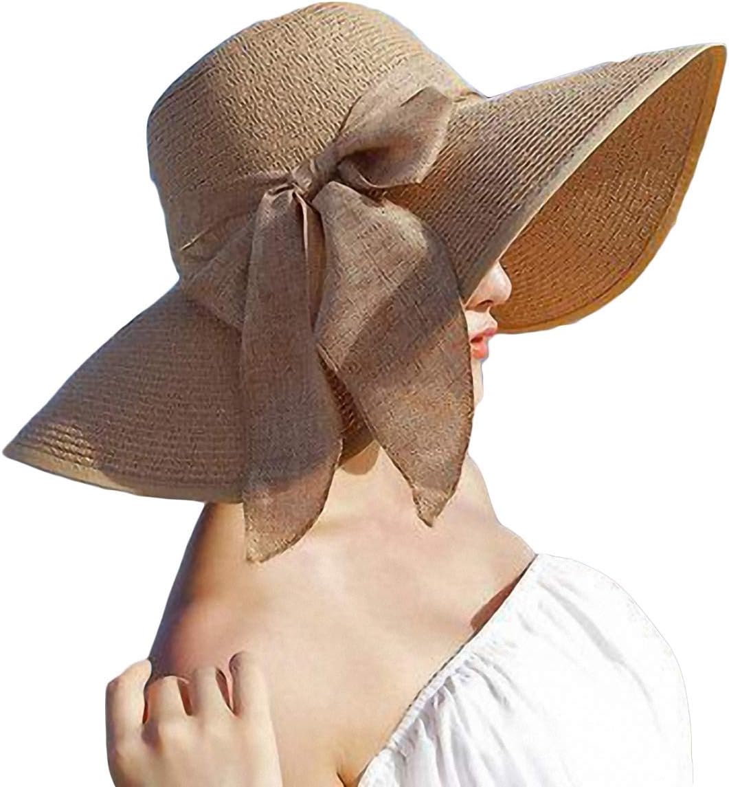 New Women Wide Brim Sun Hat Summer Beach Cap Packable Straw Hat for Travel Khaki