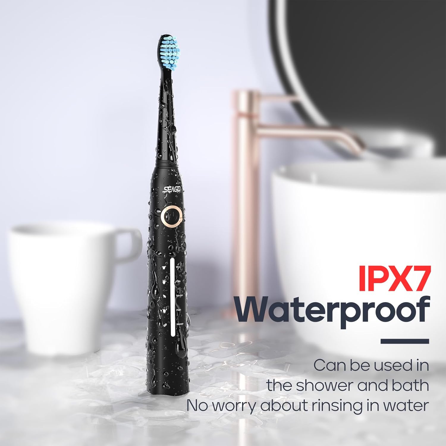 Woman brushing teeth with SEAGO Electric Toothbrush, highlighting 2-minute timer