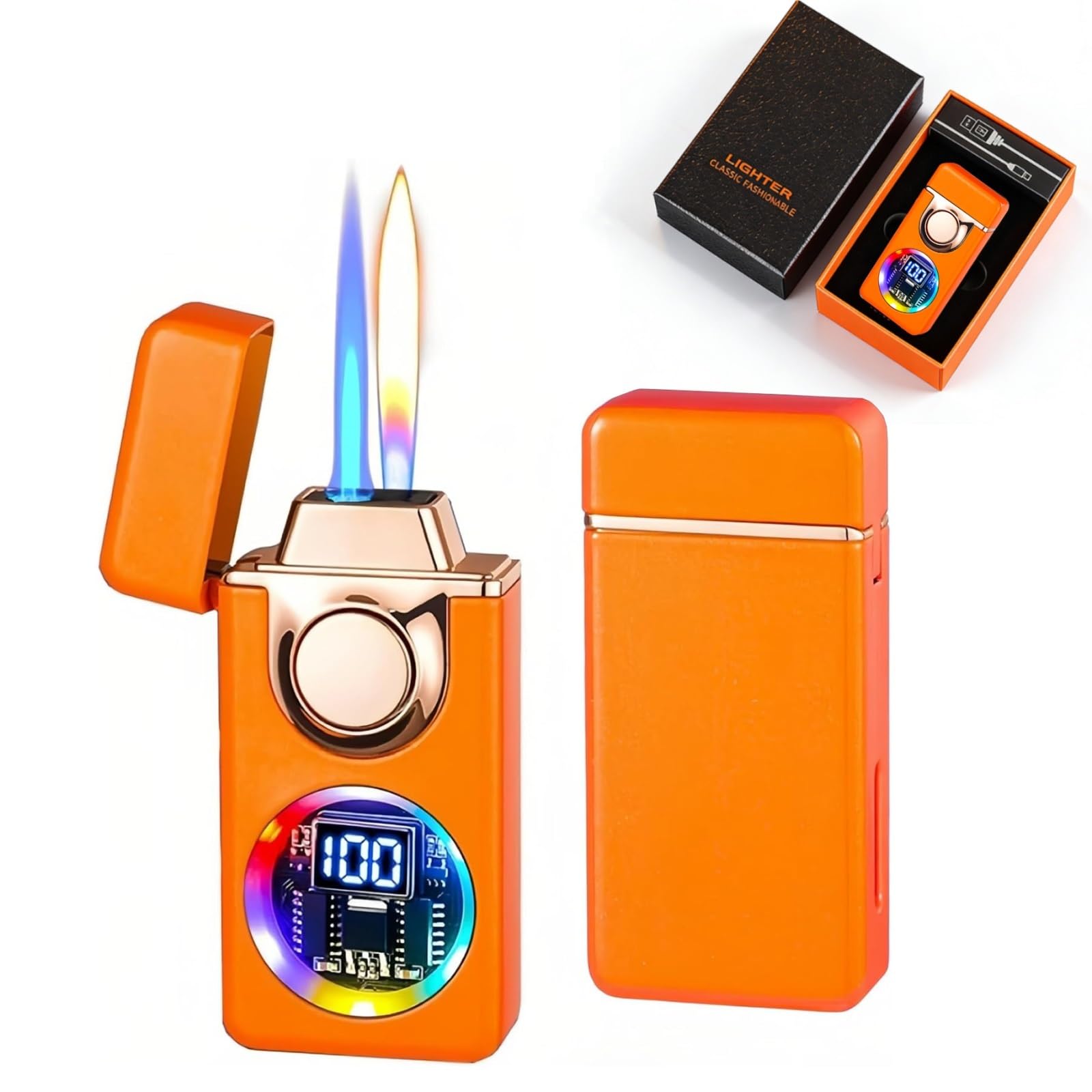 Encendedor de butano resistente al viento con doble llama y ventana visible para exterior