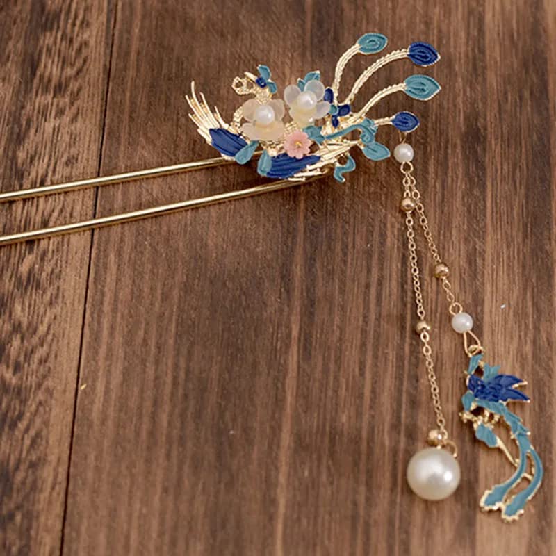 Miniatura 2 de Rabithenn Borlas azules tostadas de perlas, estilo Hanfu chino y estilo de mariposa retro con clip de pelo de metal hecho a mano, accesorios para el