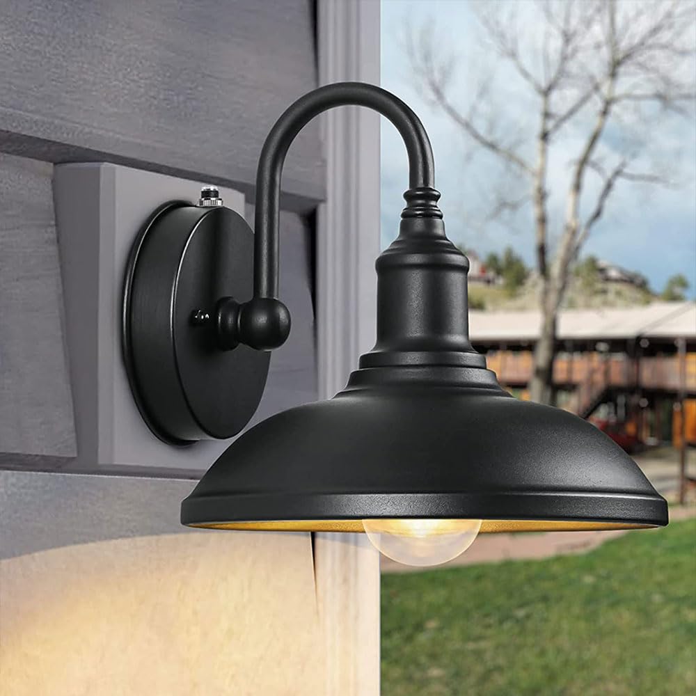 Applique da parete per esterni con sensore di luce, illuminazione da parete vintage a collo d'oca impermeabile da fattoria 10 pollici montaggio a parete nero lampade da parete per esterni