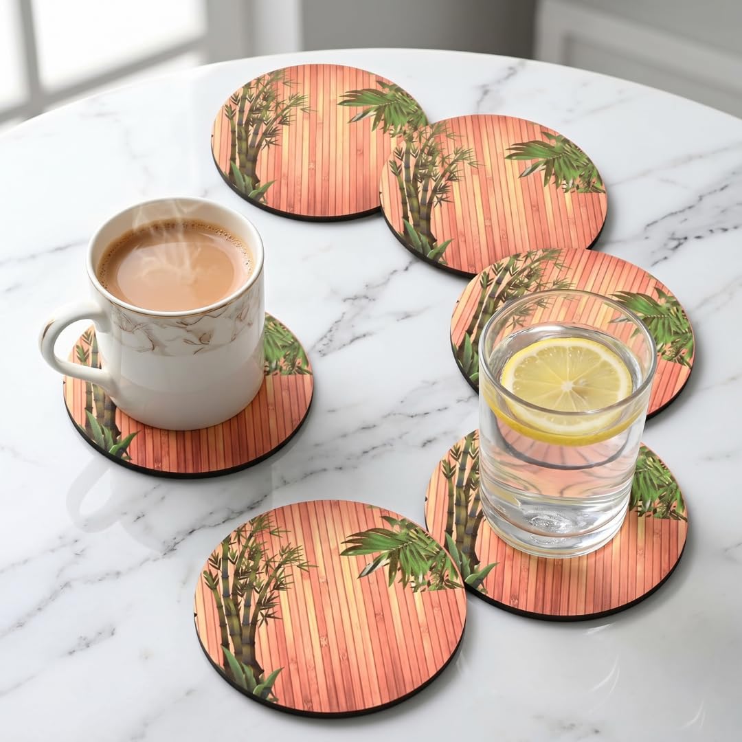 GKD Coaster Set of 6 Natural Wooden Bamboo Tree Style Coasters with Beautiful Coaster Stand Premium Coaster Set Fit for Tea Cups, Coffee Mugs and Glasses (Round 3.5 X 3.5 Inch) (Wood Bamboo)-image-19