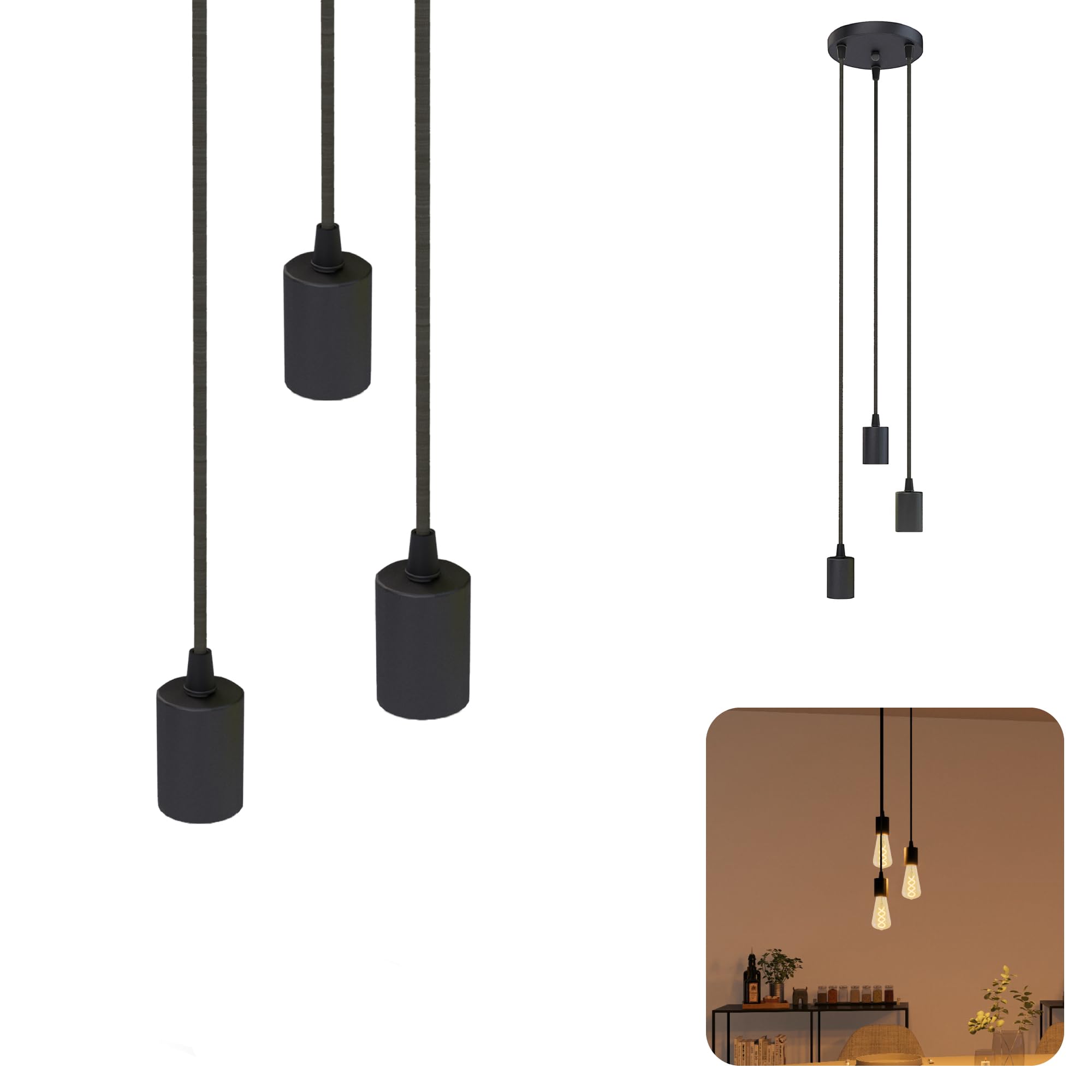 SSC-LUXon PARU Hängeleuchte 3-flammig Retro schwarz - Industrial Style Pendellampe mit Textilkabel höhenverstellbar für E27 Lampen
