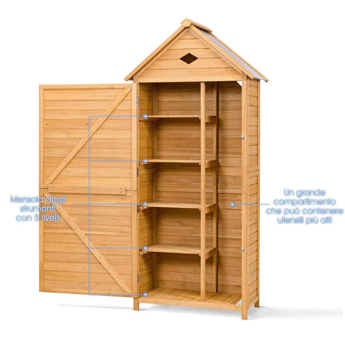 GYMAX Armadio da Esterno in Legno, Casetta Porta Attrezzi da Giardino con Ripiani Rimovibili, Capanno Tetto in Lamiera Zincat Impermeabile, con 2 Porte, 80 x 45 x 177cm(Stile 1)