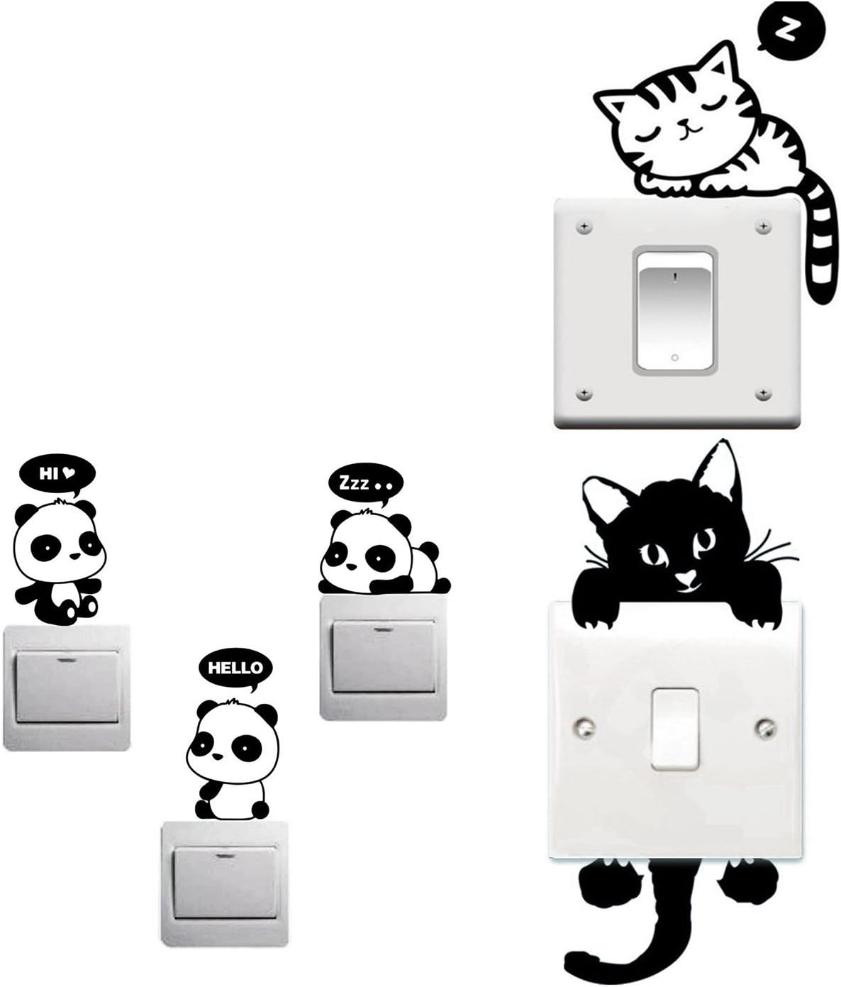 BeautyMood 8Pcs Set Cartoon Animals Creative Home Fun DIY Light Switch Wall Decal Vinyl Waterproof Wall Stickers Window Stickers (Black Cat,Dozing cat,Panda,Dog)