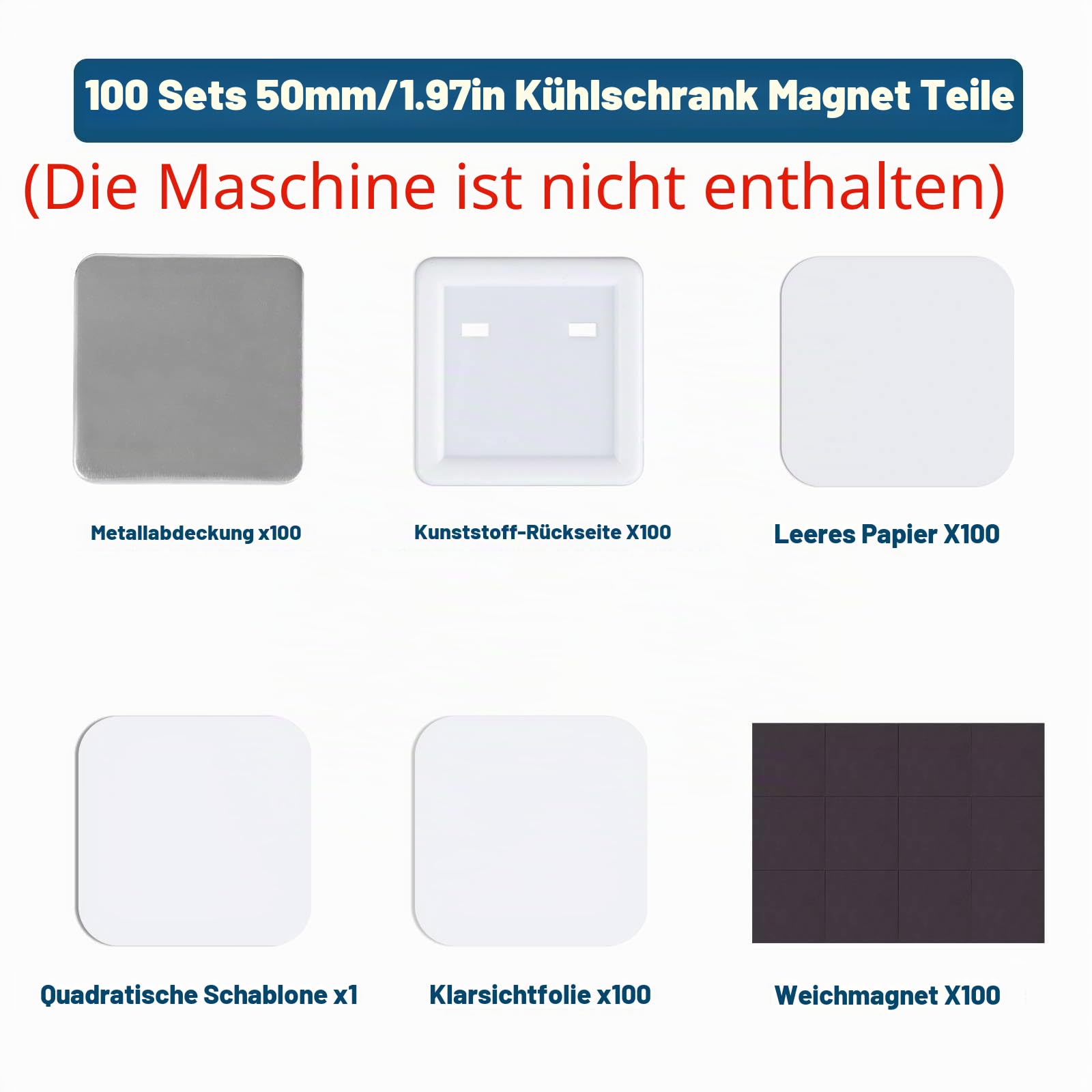 100 Sets quadratische Knopfteile, Kühlschrankmagnet-Knopfhersteller, Zubehör für quadratische Abzeichen, 50 mm, inklusive Metallabdeckung, Kunststoff-Rückseite, transparente Folie