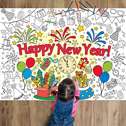 Image of Giant Happy New Year Coloring Poster for Kids 2026 New Years Eve Giant Coloring Tablecloth Large Books Huge Sheet Page Table Cover for Wall Boys Girls Classroom Home Holiday Party Supplies 31x43In