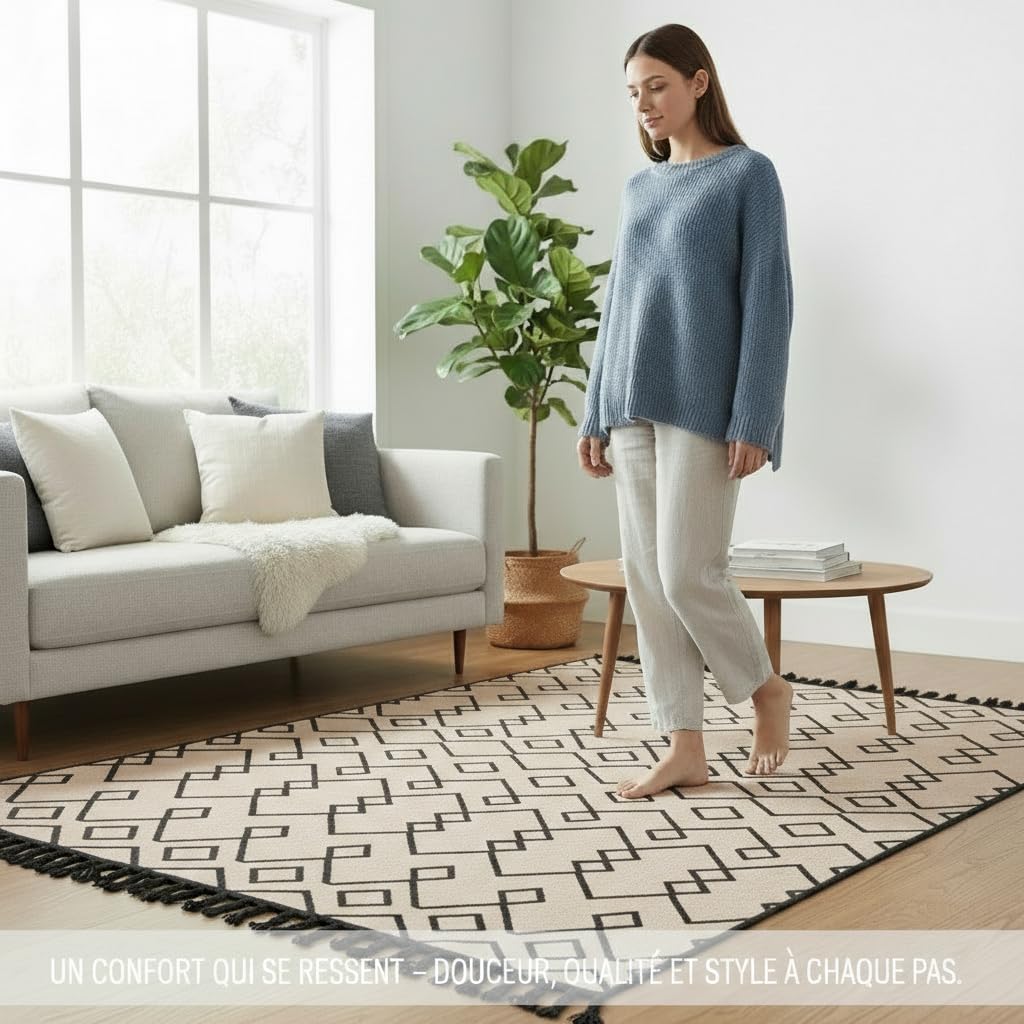 Jimri Tapis de Couloir - Tapis pour Salon, Chambre, Cuisine, Chambre d'enfant, Salle de Bain - Boho Kelim - Noir/Beige, 120 x 170 cm