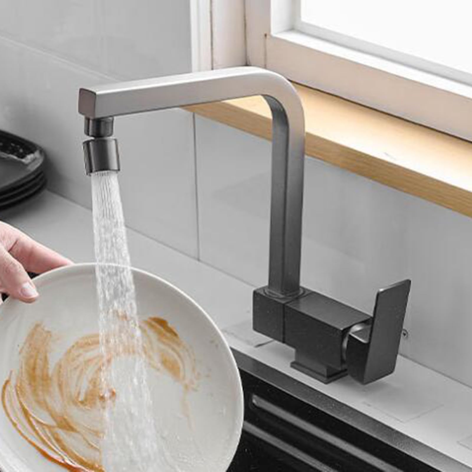 Grifo Cocina Abatible bajo Ventana Grifo Fregadero Cocina Abatible Giratorio Agua Fría y Caliente Latón-Cepillado