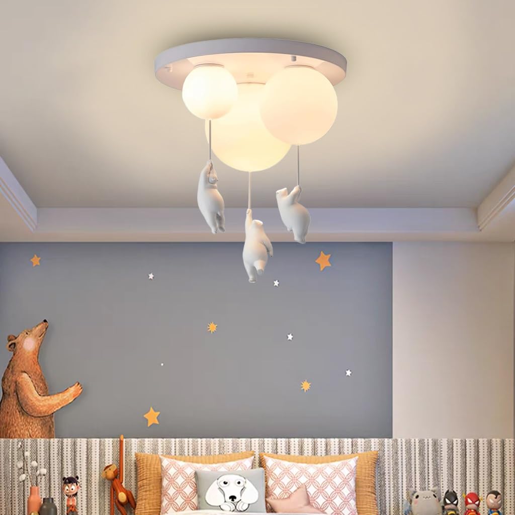 Stesulfr Ceiling Lighting Modern bedroom ceiling lamp E27 resin bear decoration 3 lamps acrylic round lampshade white creative Ceiling Light suitable for restaurant children's room studio pendant lamp