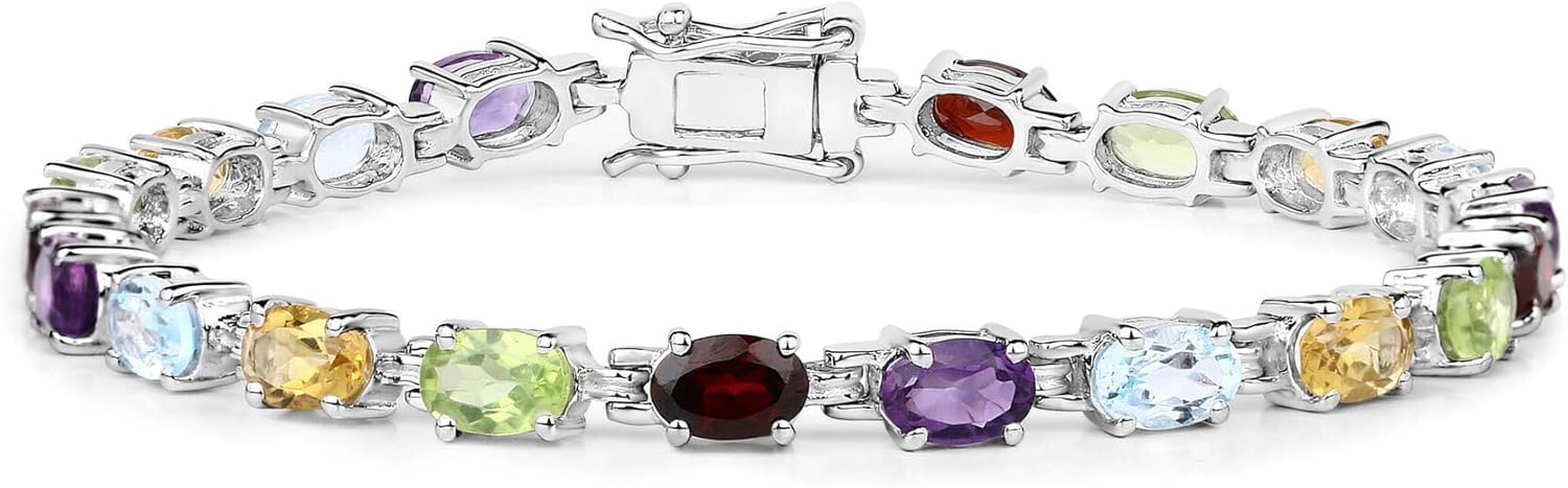 Genuine Multi Gemstone Bracelet 9.37 Carats in .925 Sterling Silver Tennis Jewelry For Women Oval Shaped Multi Birthstones Bracelet Birthstone Jewelry For Women