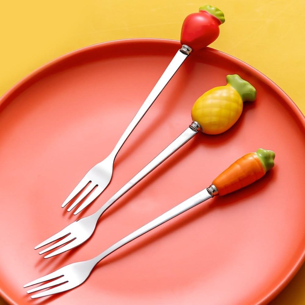 (6 Pieces) Personalized Fruit Ceramic Handle Small Fork Stainless Steel Fruit Fork Dessert Moon Cake Fork Coffee Spoon (Mixed)