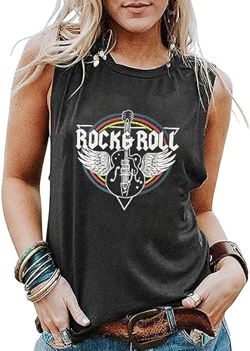 Rock And Roll Tank Tops For Women Vintage Country Music Shirts Rock Concert Tees Summer Sleeveless Graphic Tops (Large, Dark Grey) #TOP3