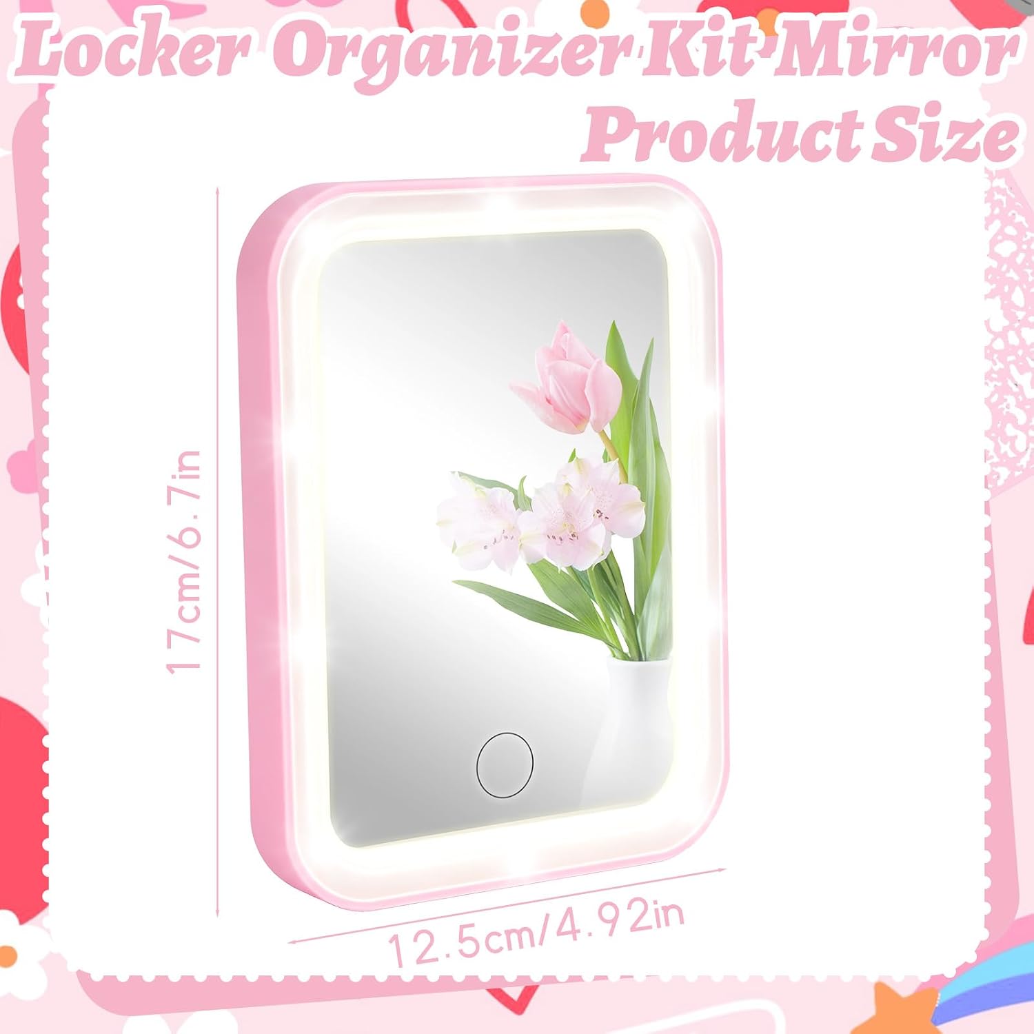 Pink Locker Light up Mirror Magnetic Makeup Mirror Dimmable Touch Screen School Locker Accessories for Girls Back to School Essential Organizer Supply for Daily Makeup Grooming