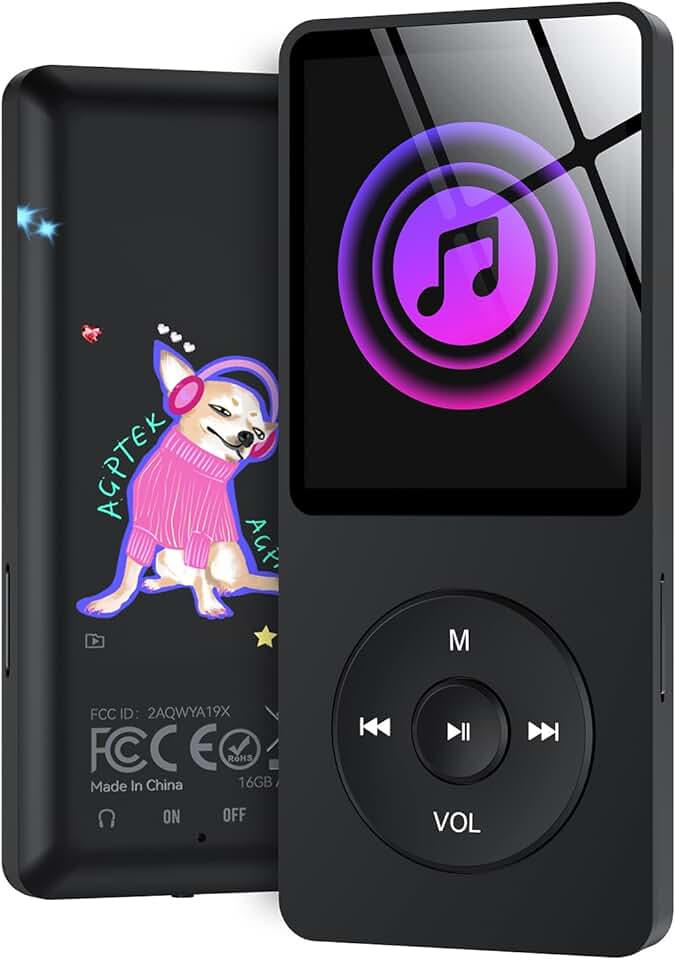 AGPTEK Leitor de MP3 A02S de 16 GB, reprodutor de música de som sem perdas de 70 horas, suporta até 128 GB, preto + rosa