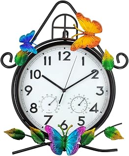 HOBYLUBY 15'' Large Silent Outdoor Wall Clock with Thermometer Hygrometer - Waterproof No-Tick for Patio Garden Kitchen
