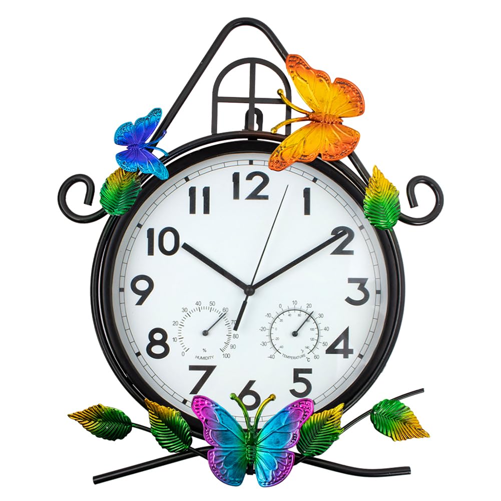 15'' Large Outdoor Clock, Outdoor Wall Clock with Thermometer & Humidity Silent No-Ticking Outdoor Clocks Waterproof for Patio, Garden, Backyard, Living Room, Kitchen