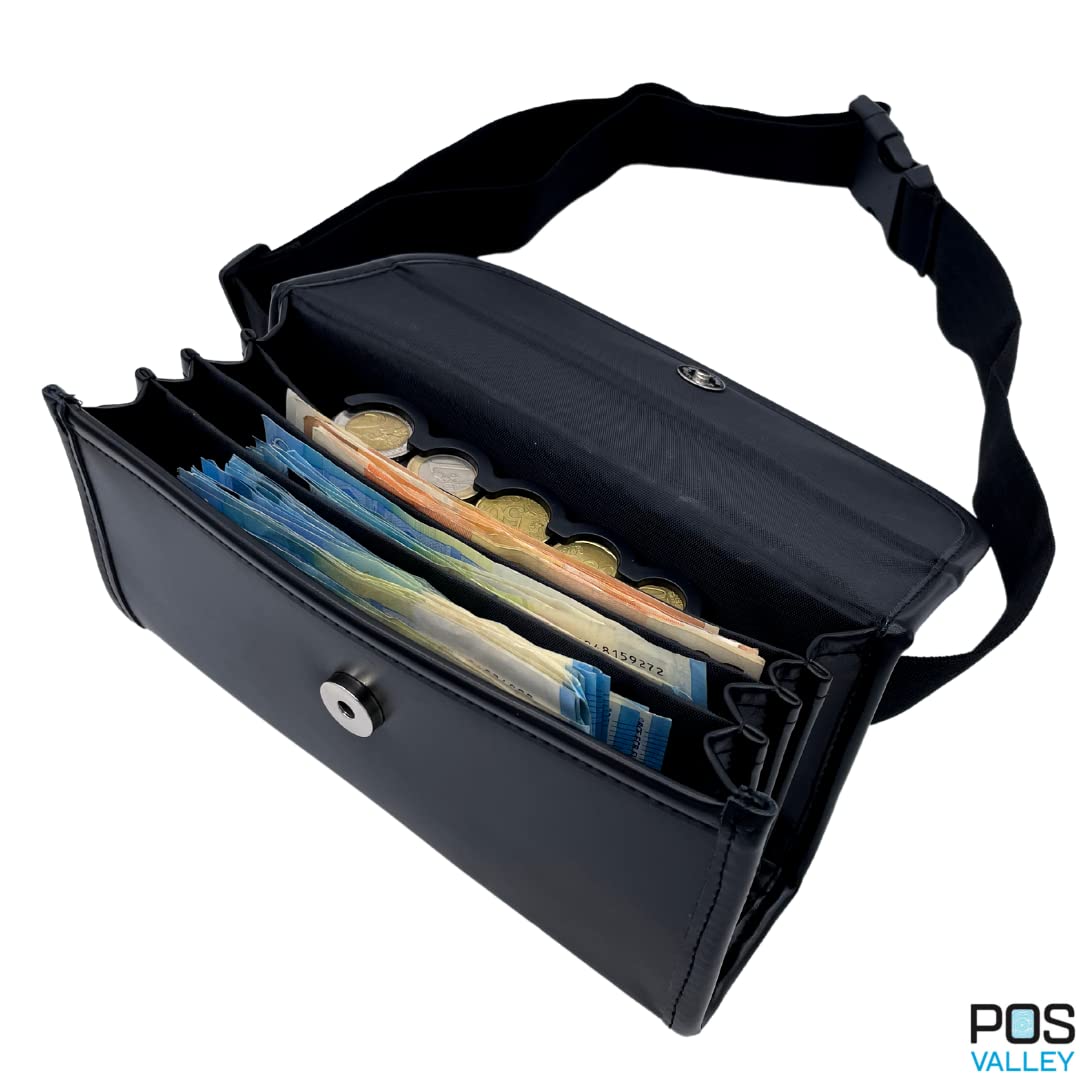 Professionelle Gürteltasche, Geldbörse inkl. 5 Euro-Wechselfächer, 4 Geldscheinfächer, Magnetverschluss - 23 x 11 x 7 cm - Schwarz