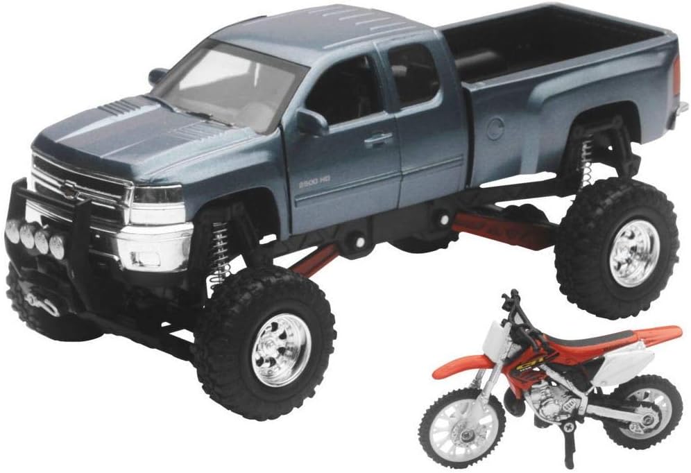 New Ray Toys 1:32 Scale Truck and Dirt Bike Set Die-Cast Replica Grey Chevy with CR250 SS-54426