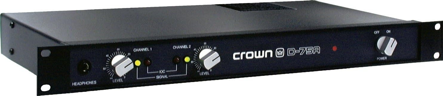 Front view of the Crown D-75A D Series Power Amplifier, showing controls and indicators.