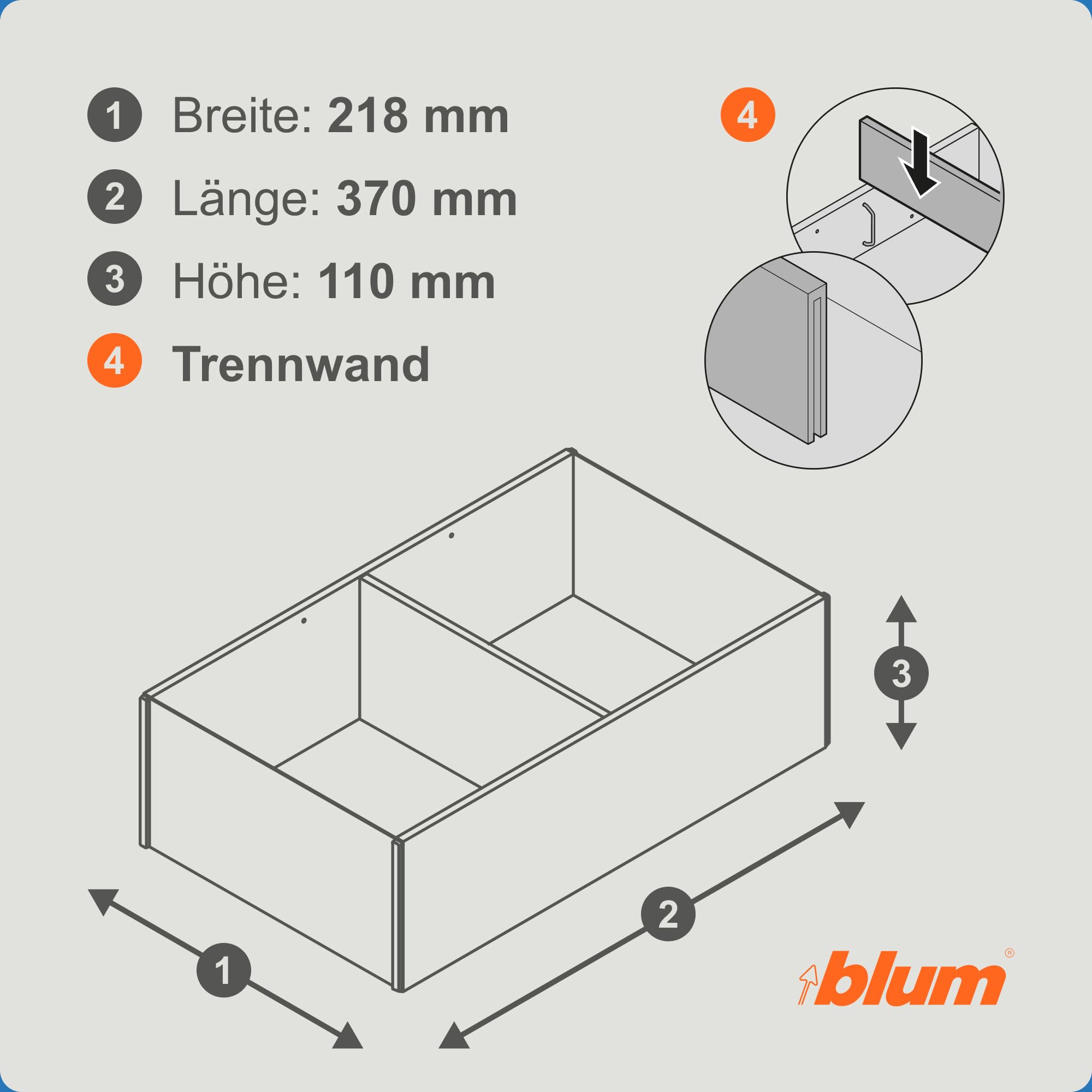 Blum AMBIA-LINE Schubladen-Organizer in hochwertigem Holzdekor | ideal für Küche, Bad & Kleiderschrank | modular einsetzbar und sicherer Halt dank Antirutsch-Füße | 37 × 22 × 11 cm | Nebraska Eiche
