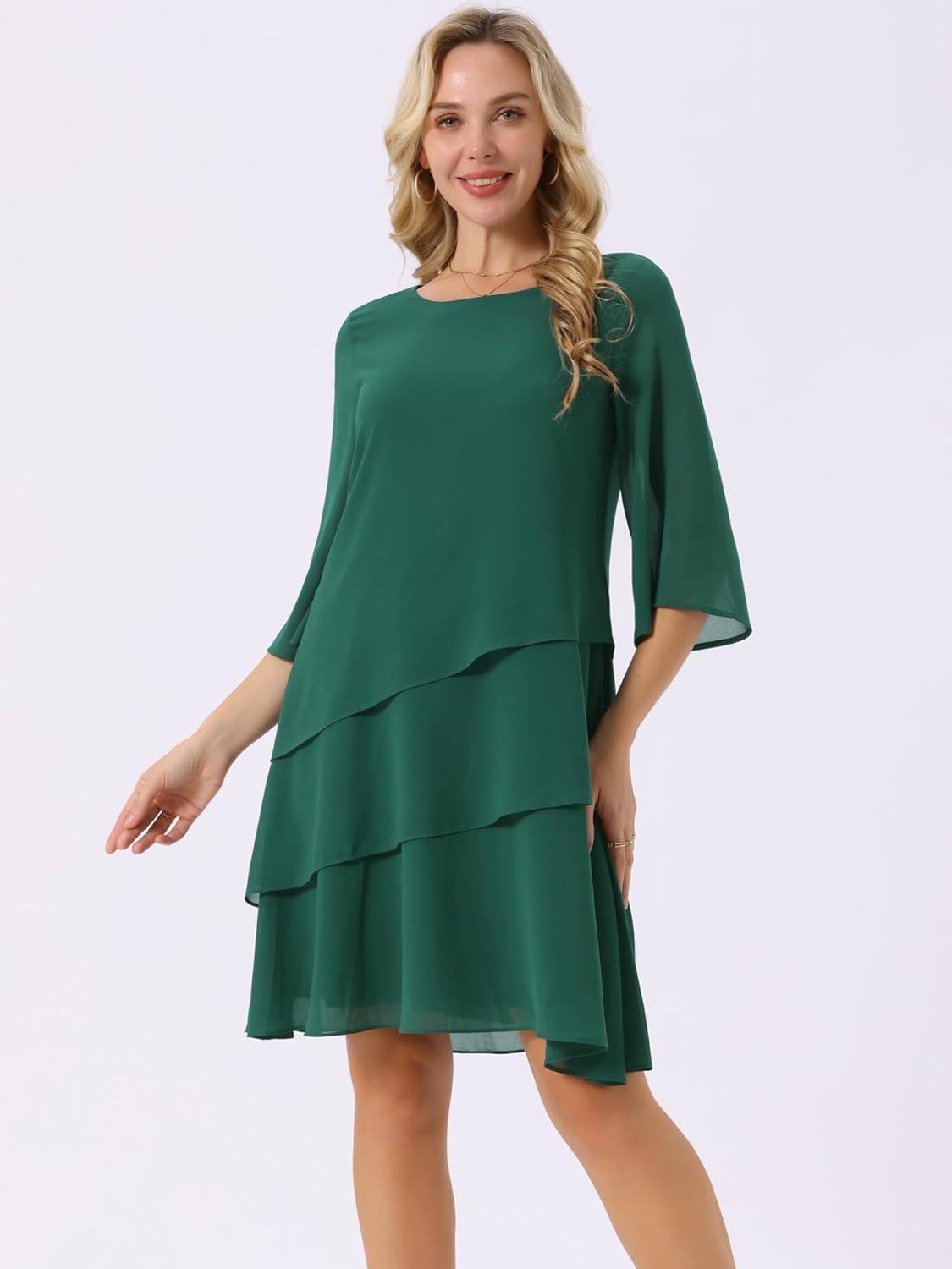 Seta T Women's Chiffon Dresses 3/4 Bell Sleeve Crewneck Tiered Layered Flowy Dress Party Wedding Outfits - Image 3