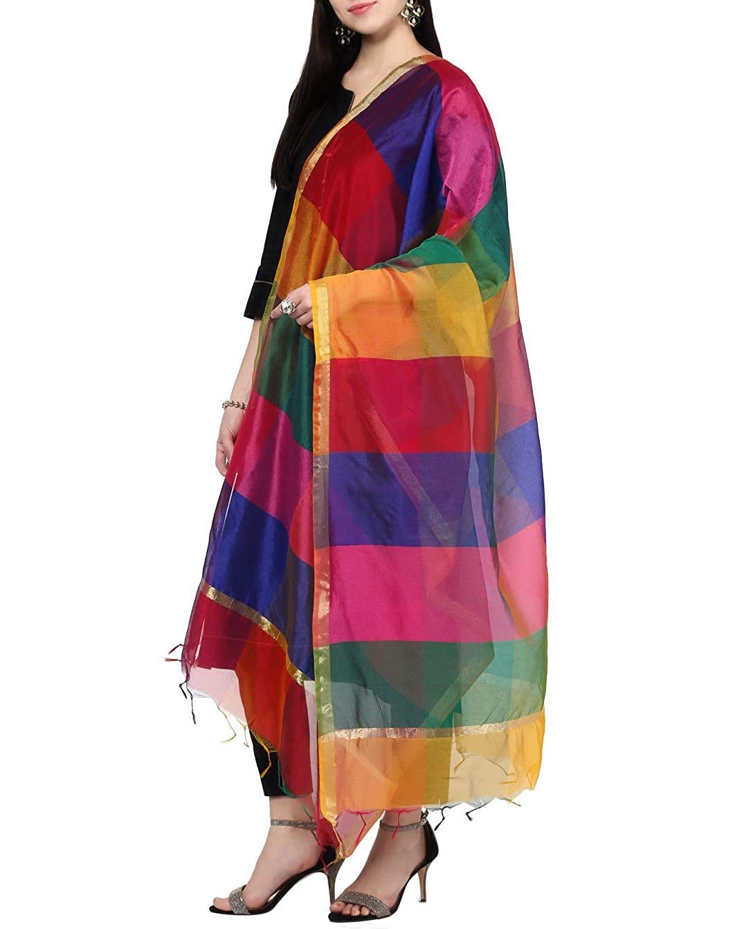 Weavers Villa Women's Poly Silk Checkered Dupatta (Multicolor, 2.2 Meter)