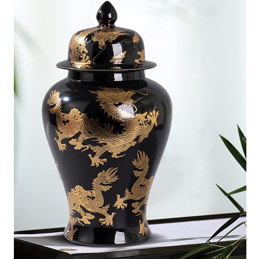 ZHOUXIAO Chinesische Tradition Ingwerglas-Vasen mit Deckel und goldenem Drachenmuster, Porzellanglas, große Keramik-Tempelglas-Vase, Handwerk mit Deckel, dekorativ für Heimdekoration, Schwarz, M