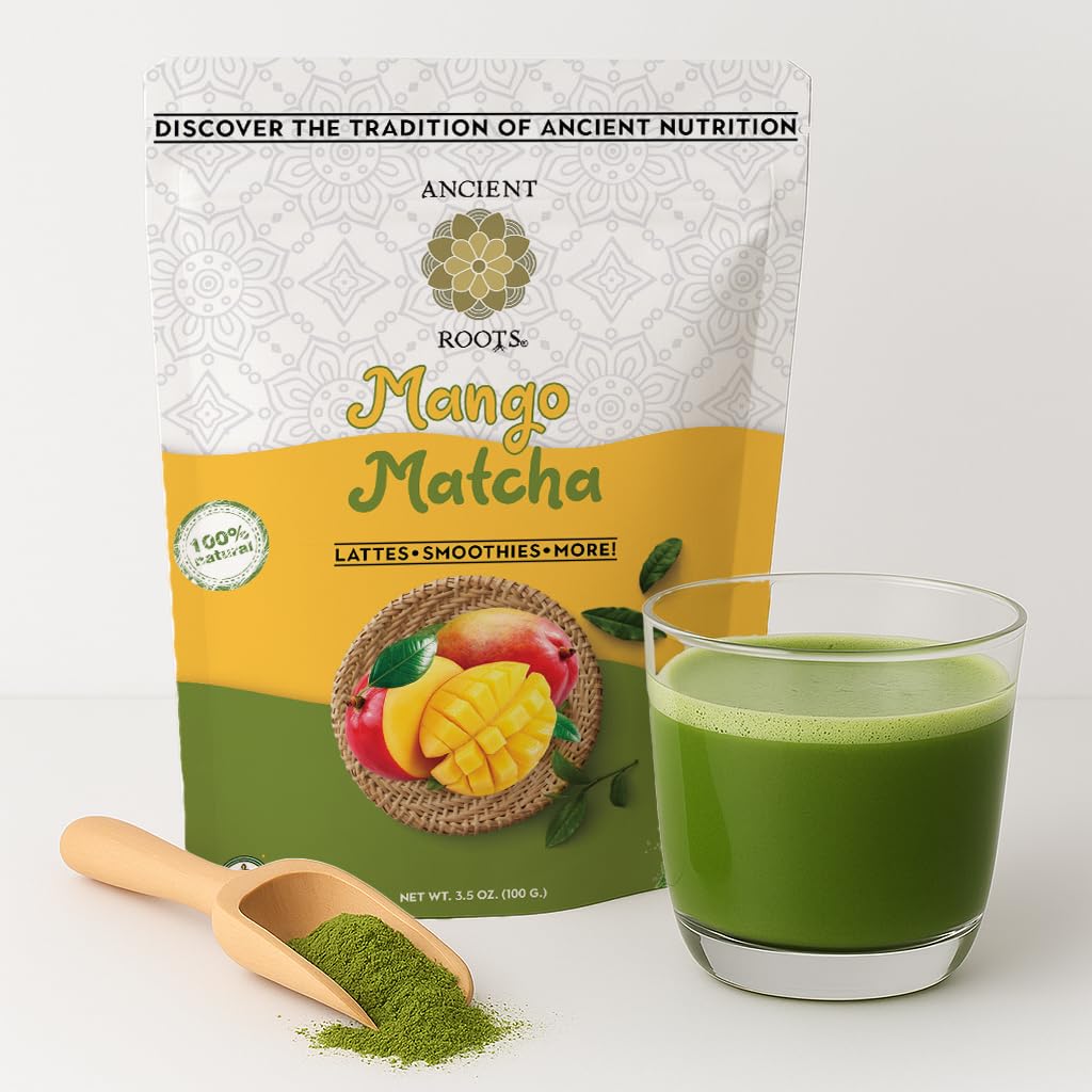 Ancient RootsMango Matcha Green Tea Powder - All-Natural, Organic, Vegan, Superfood Drink Mix No Added Sugar, Filled with Antioxidants, Smoothies, Iced Drinks 3.5 OZ (25 Servings)