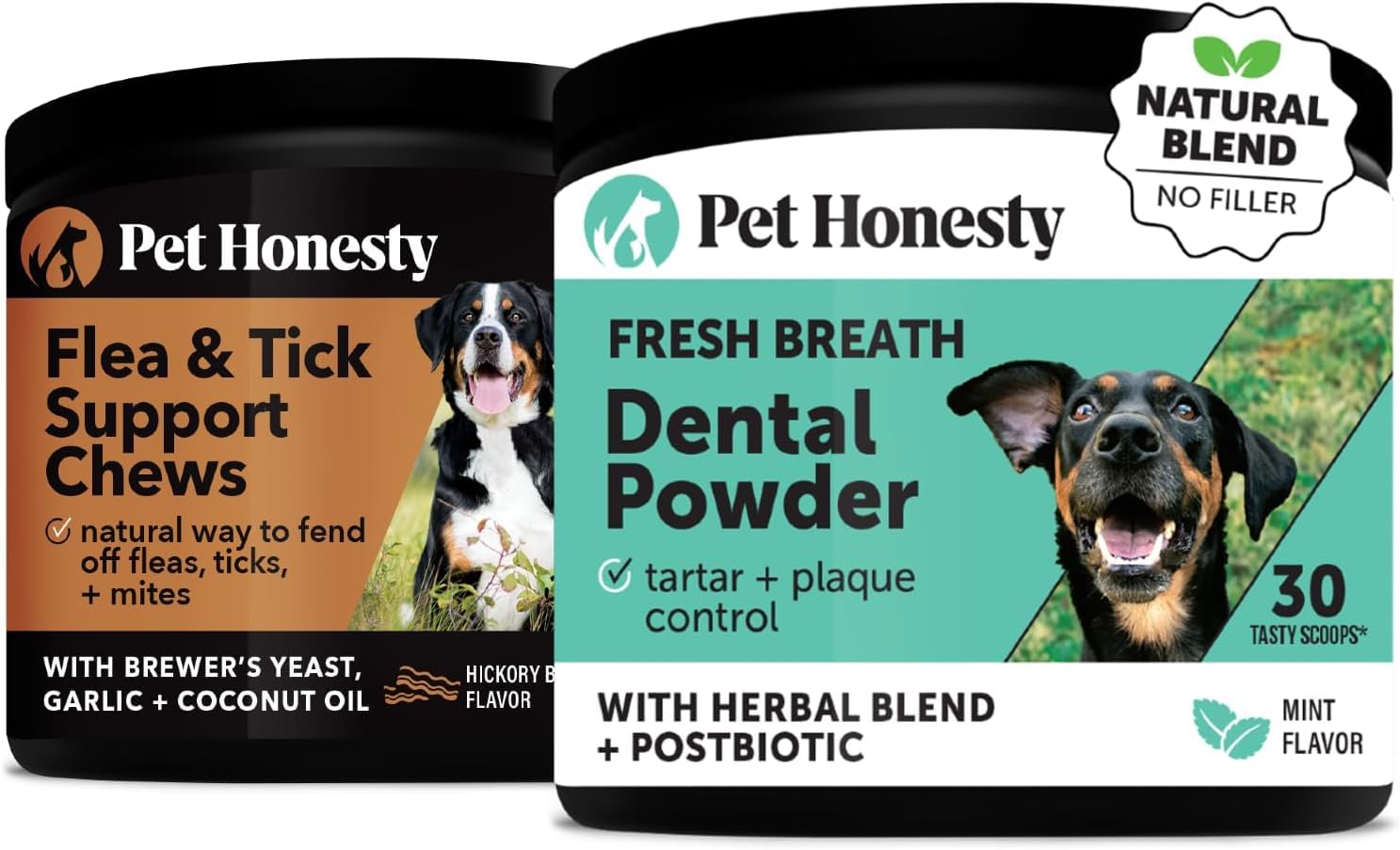 Flea & Tick Prevention + Dental Powder for Teeth Cleaning & Plaque Removal, Natural Flea & Tick Chews with No Harsh Chemicals