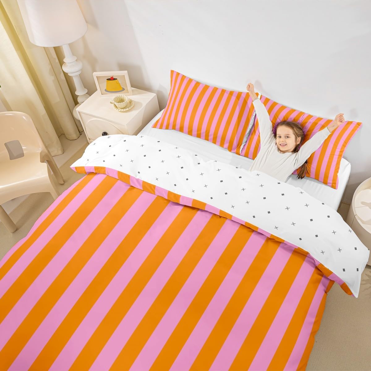 Kids Pink Orange Bedding Set Toddler Size Abstract Duvet Cover for Boys Girls Bedroom Decor Stripes Comforter Cover Breathable Soft Microfiber Women Men Geometric With 1 Pillow Case ,No Comforter