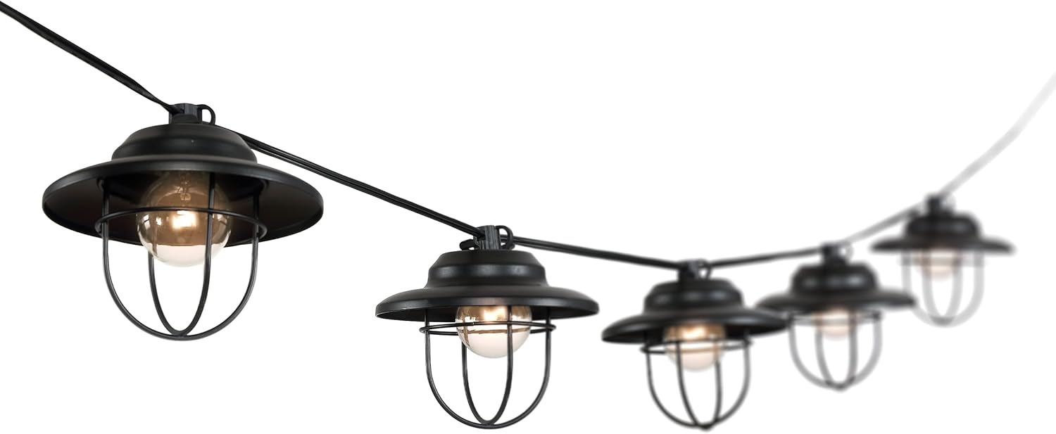 JONATHAN Y 10' Black 10-Light Rustic Farmhouse LED String Lights for Patio, Metal Cage Shade, Weatherproof Connectable Outdoor Hanging Lights, UL Listed JYL8703A