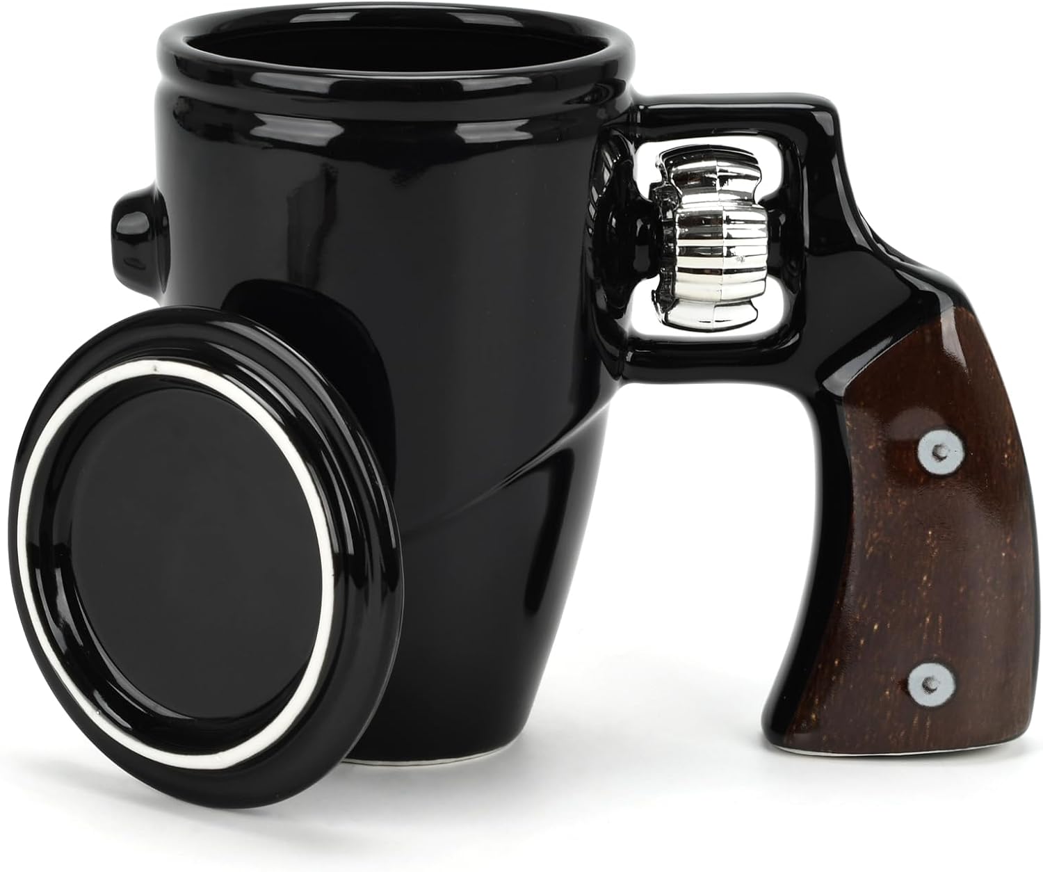 Revolver Gun Mug with Lid, Novelty Ceramic Coffee & Tea Cup with Spin Wheel Handle - Ideal Military Gifts for Men and Women, Coworker & Gun Enthusiasts(16 oz Black)