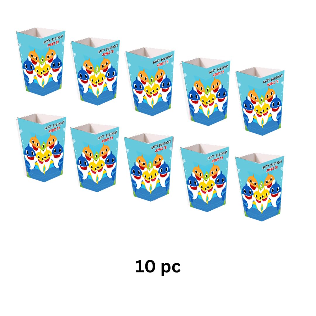 WoW Party Studio Personalized Shark Under Sea Theme Popcorn Holder/Cups, Sleeves, Material - 300 GSM thick Cardstock Paper, with Birthday Boy/Girl Name Printed - 10 Pcs 1