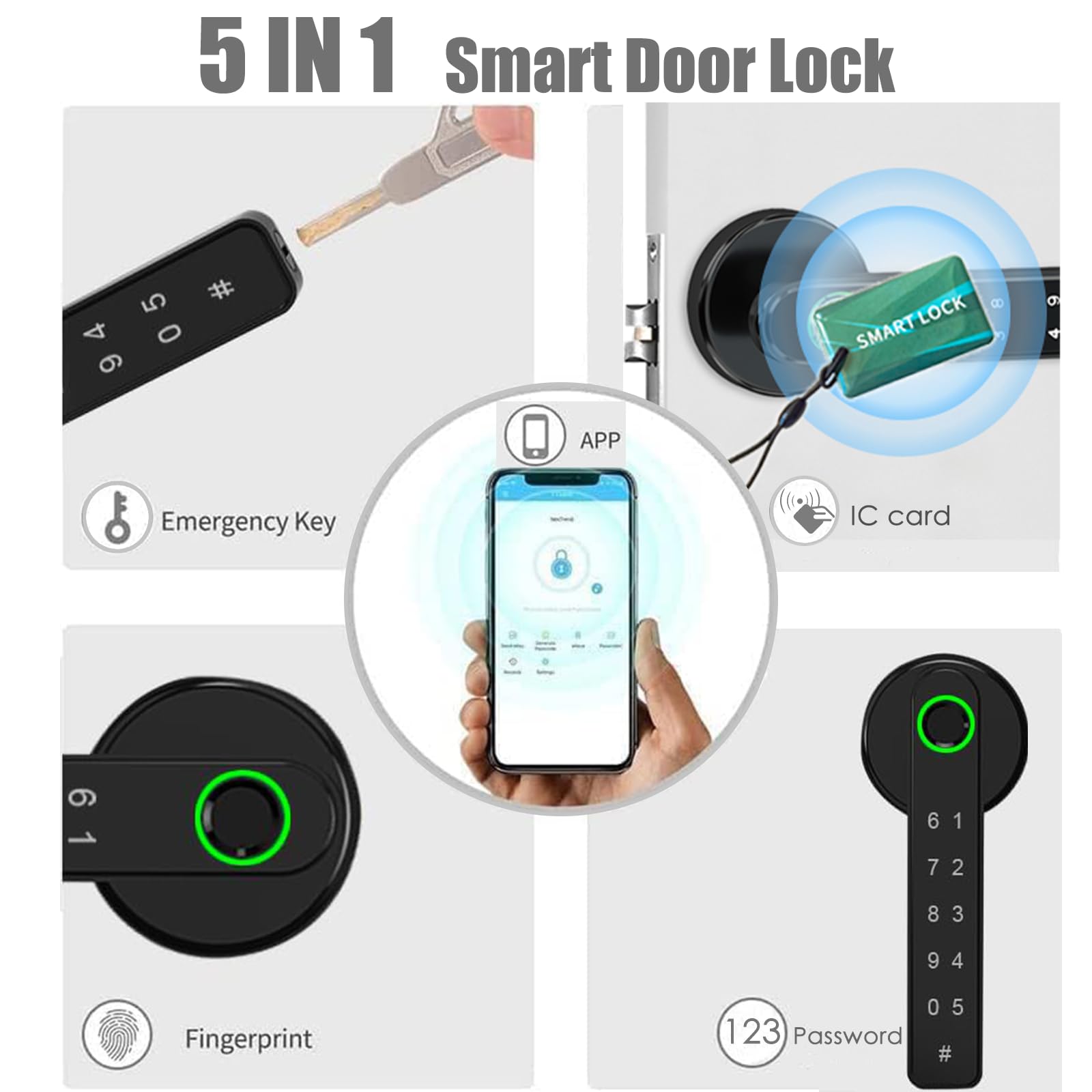 Cerradura Inteligente de Huellas Dactilares,6 en 1 Cerradura Electronica,Tuya App,IC Card, NFC, Huellas Dactilares,Contraseña Digital,Llave Mecánica