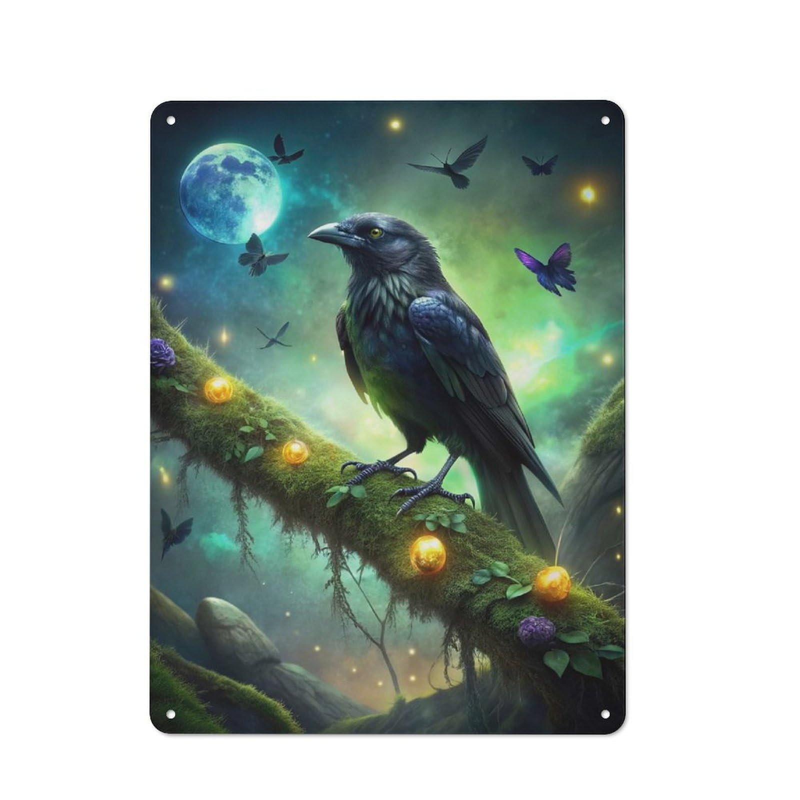 Raven on Mossy Branch with Butterflies Tin Sign 40x30cm, Rustic Home Bar Decor for Cafe, Pub, Workshop Or Home Bar, for Casual British Interiors